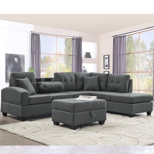 Gray Linen L-Shaped Modular Sectional Sofa with Ottoman