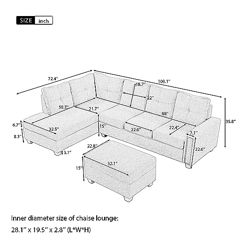 Gray Linen L-Shaped Modular Sectional Sofa with Ottoman