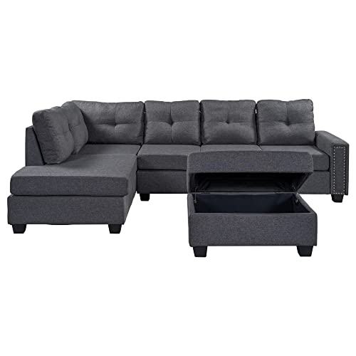 Gray Linen L-Shaped Modular Sectional Sofa with Ottoman