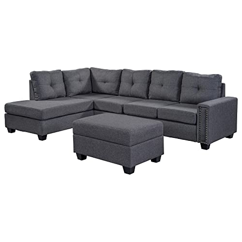 Gray Linen L-Shaped Modular Sectional Sofa with Ottoman