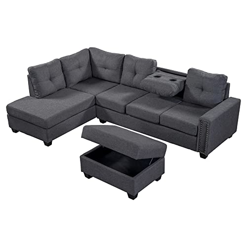 Gray Linen L-Shaped Modular Sectional Sofa with Ottoman