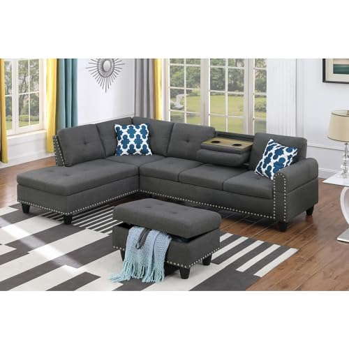 Gray Polyester Fabric Sectional Sofa with Ottoman