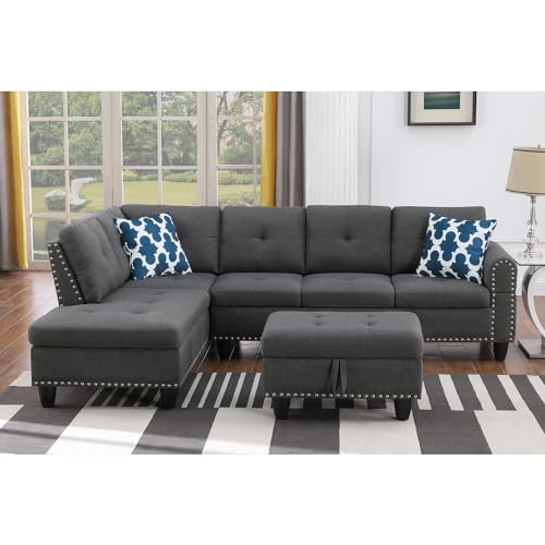 Gray Polyester Fabric Sectional Sofa with Ottoman