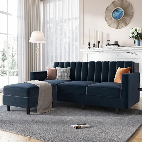 Dark Blue L-Shaped Velvet Sofa with Reversible Chaise