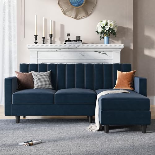 Dark Blue L-Shaped Velvet Sofa with Reversible Chaise