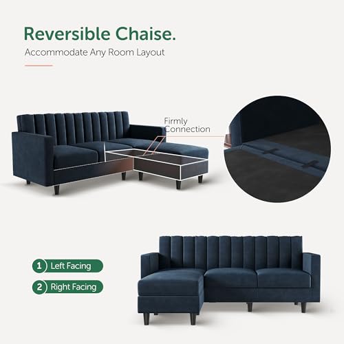 Dark Blue L-Shaped Velvet Sofa with Reversible Chaise