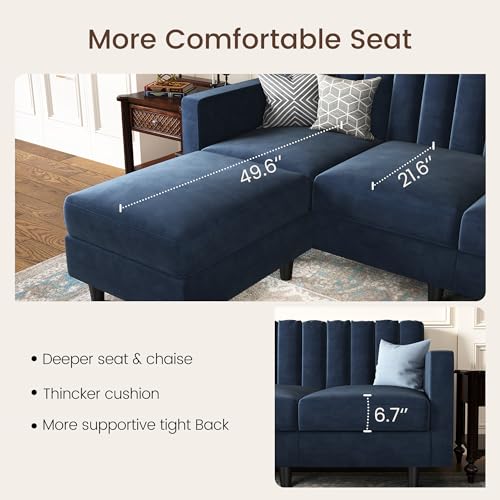 Dark Blue L-Shaped Velvet Sofa with Reversible Chaise