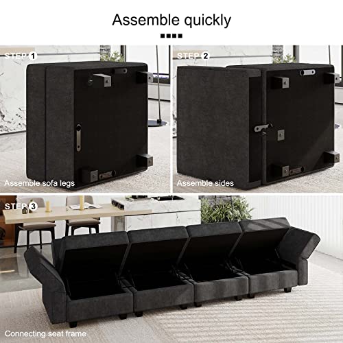 Black Modular Sectional Sofa with Storage Ottoman