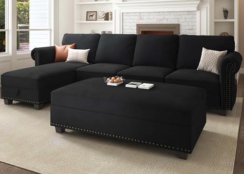 Nolany Black Velvet L-Shaped Sectional Sofa Set