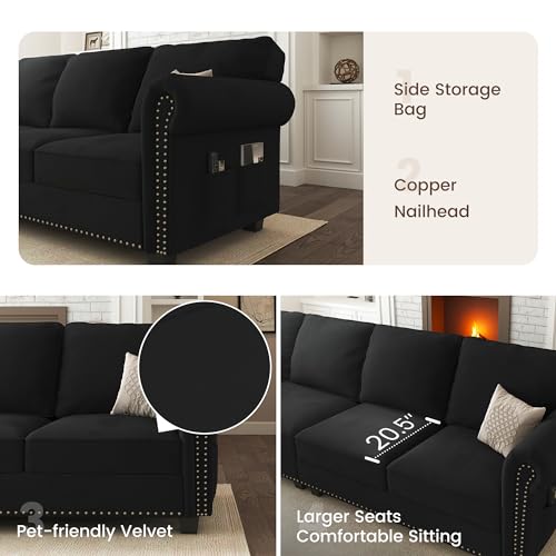 Nolany Black Velvet L-Shaped Sectional Sofa Set