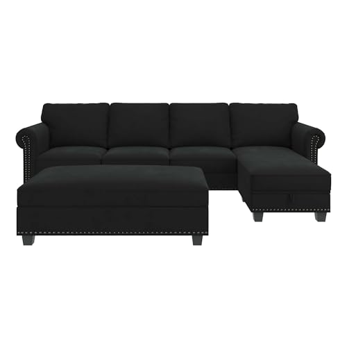 Nolany Black Velvet L-Shaped Sectional Sofa Set