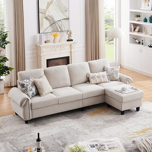 Beige L-Shaped Sectional Sofa with Reversible Ottoman