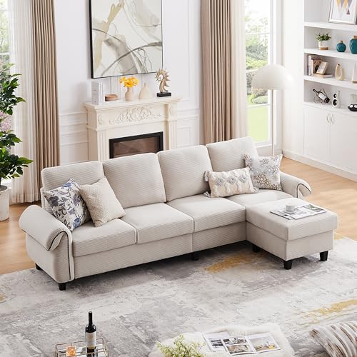 112" L-Shaped Sectional Sofa with Reversible Ottoman, Wooden Legs