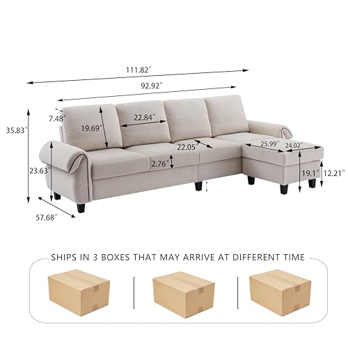 112" L-Shaped Sectional Sofa with Reversible Ottoman, Wooden Legs