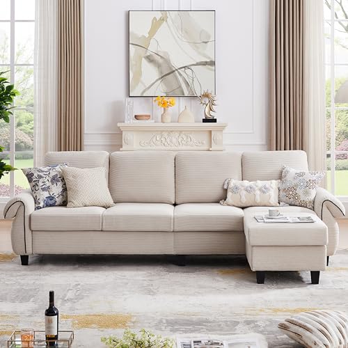 112" L-Shaped Sectional Sofa with Reversible Ottoman, Wooden Legs