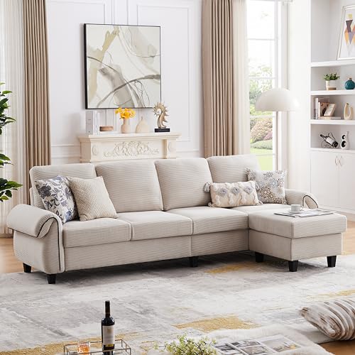 Beige L-Shaped Sectional Sofa with Reversible Ottoman