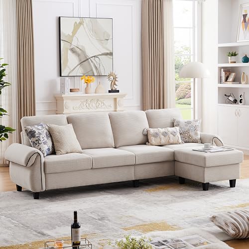 112" L-Shaped Sectional Sofa with Reversible Ottoman, Wooden Legs