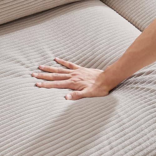 Beige L-Shaped Sectional Sofa with Reversible Ottoman