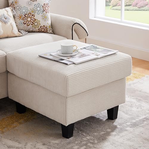Beige L-Shaped Sectional Sofa with Reversible Ottoman