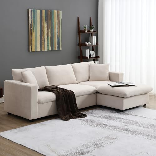 Beige L-Shaped Sectional Sofa with Reversible Ottoman