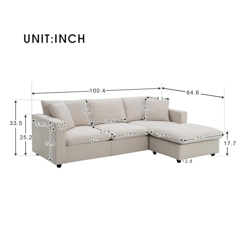 Beige L-Shaped Sectional Sofa with Reversible Ottoman