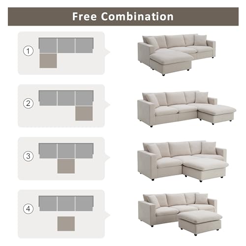 Beige L-Shaped Sectional Sofa with Reversible Ottoman