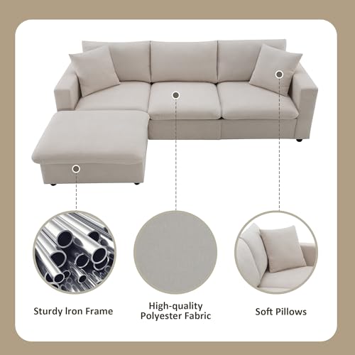 Beige L-Shaped Sectional Sofa with Reversible Ottoman