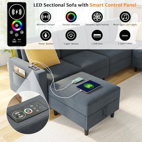 LED Modular Sectional Sofa with Storage Ottomans