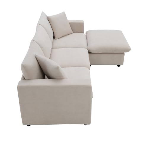 Beige L-Shaped Sectional Sofa with Reversible Ottoman