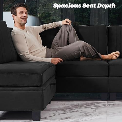 Belffin Black Reversible Velvet L-Shaped Sofa Set