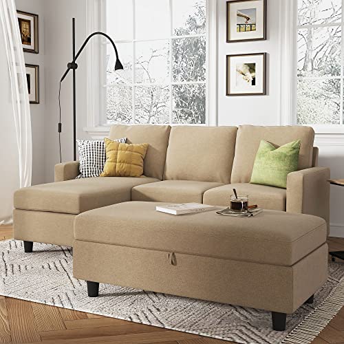 Beige L-Shaped Sectional Sofa with Storage Ottoman