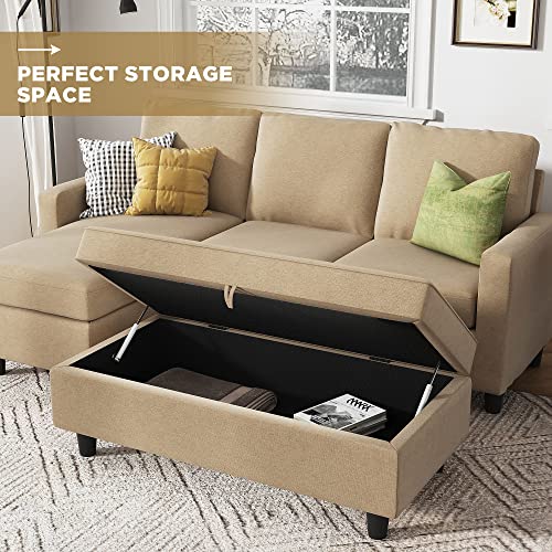 Beige L-Shaped Sectional Sofa with Storage Ottoman