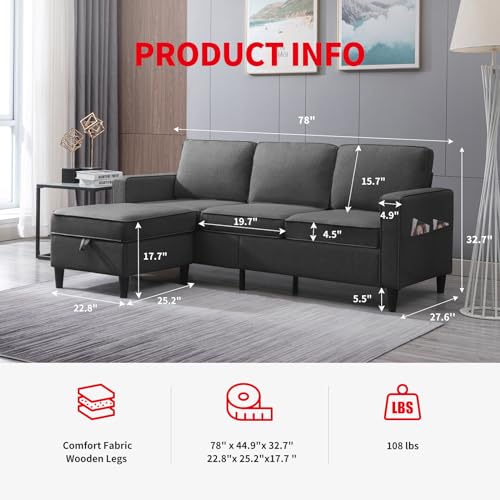 78" PUREMIND Linen Sectional Sofa: Reversible Storage Ottoman