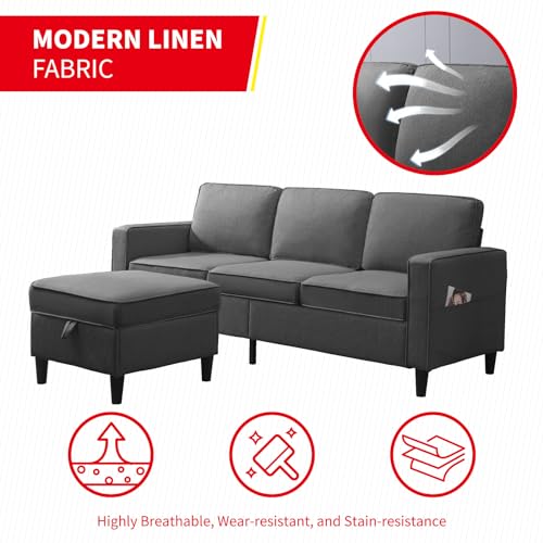 78" PUREMIND Linen Sectional Sofa: Reversible Storage Ottoman