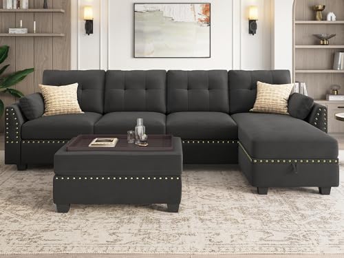 Dark Grey Velvet L-Shape Sectional Sofa with Ottoman