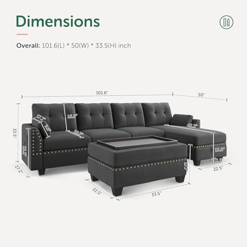 Dark Grey Velvet L-Shape Sectional Sofa with Ottoman