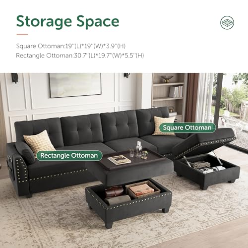 Dark Grey Velvet L-Shape Sectional Sofa with Ottoman