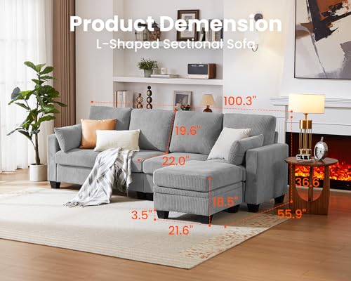 Corduroy Reversible L-Shaped Sectional Sofa with Ottoman