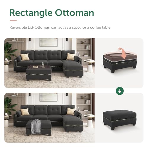 Dark Grey Velvet L-Shape Sectional Sofa with Ottoman