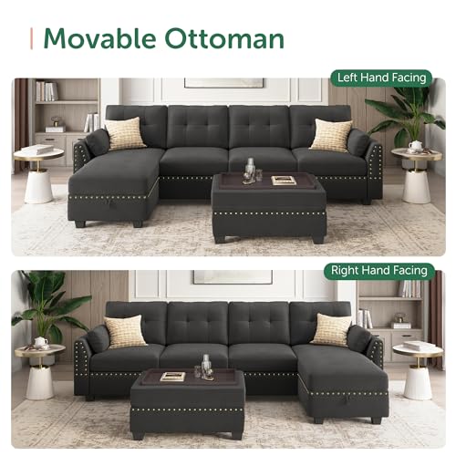 Dark Grey Velvet L-Shape Sectional Sofa with Ottoman