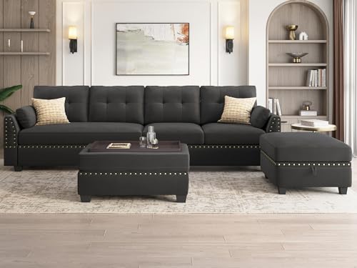 Dark Grey Velvet L-Shape Sectional Sofa with Ottoman