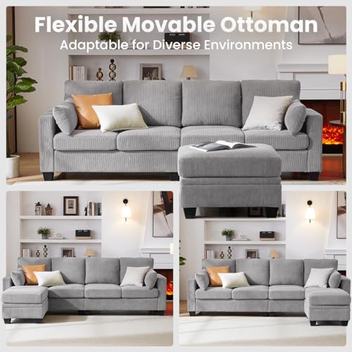Corduroy Reversible L-Shaped Sectional Sofa with Ottoman