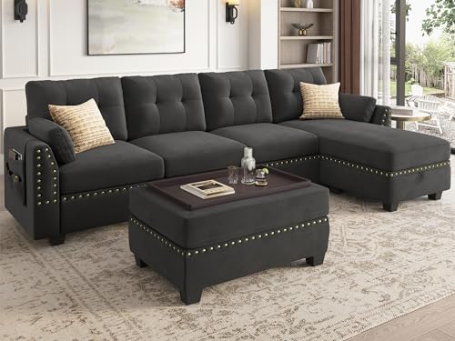 Dark Grey Velvet L-Shape Sectional Sofa with Ottoman