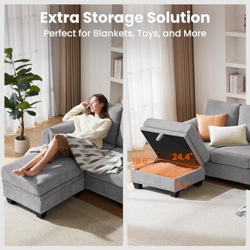Corduroy Reversible L-Shaped Sectional Sofa with Ottoman