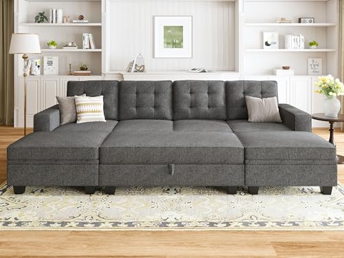 HONBAY U-Shaped Sleeper Sofa with Storage Ottomans