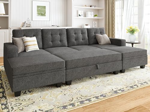 HONBAY U-Shaped Sleeper Sofa with Storage Ottomans