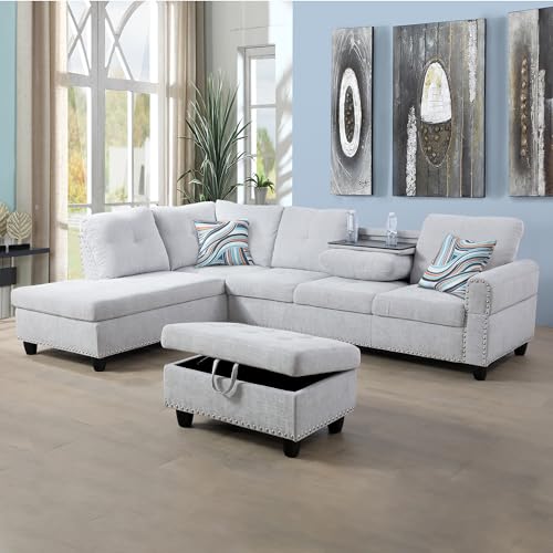 3-Piece Grey Sectional Sofa with Cup Holders