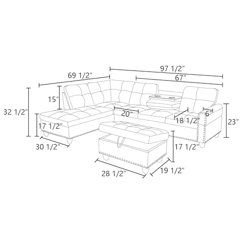 3-Piece Grey Sectional Sofa with Cup Holders