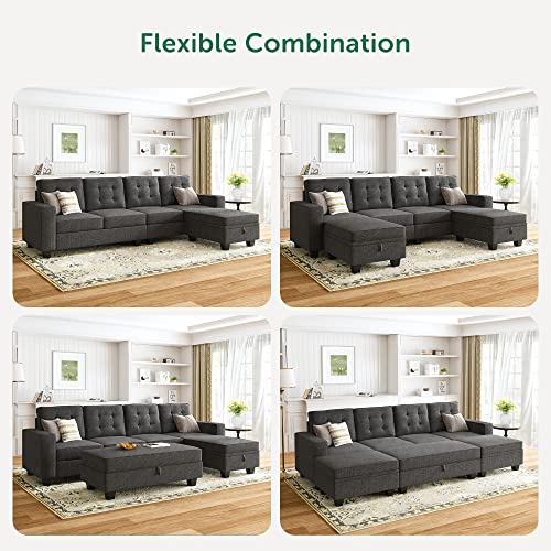 HONBAY U-Shaped Sleeper Sofa with Storage Ottomans