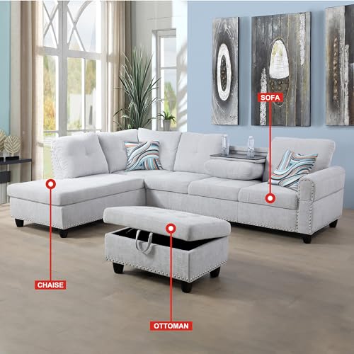 3-Piece Grey Sectional Sofa with Cup Holders
